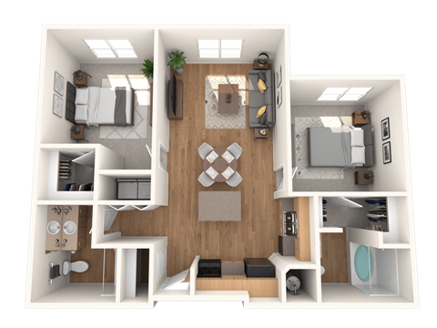 A 3D floor plan of a small apartment with a living room, kitchen, and bedrooms.